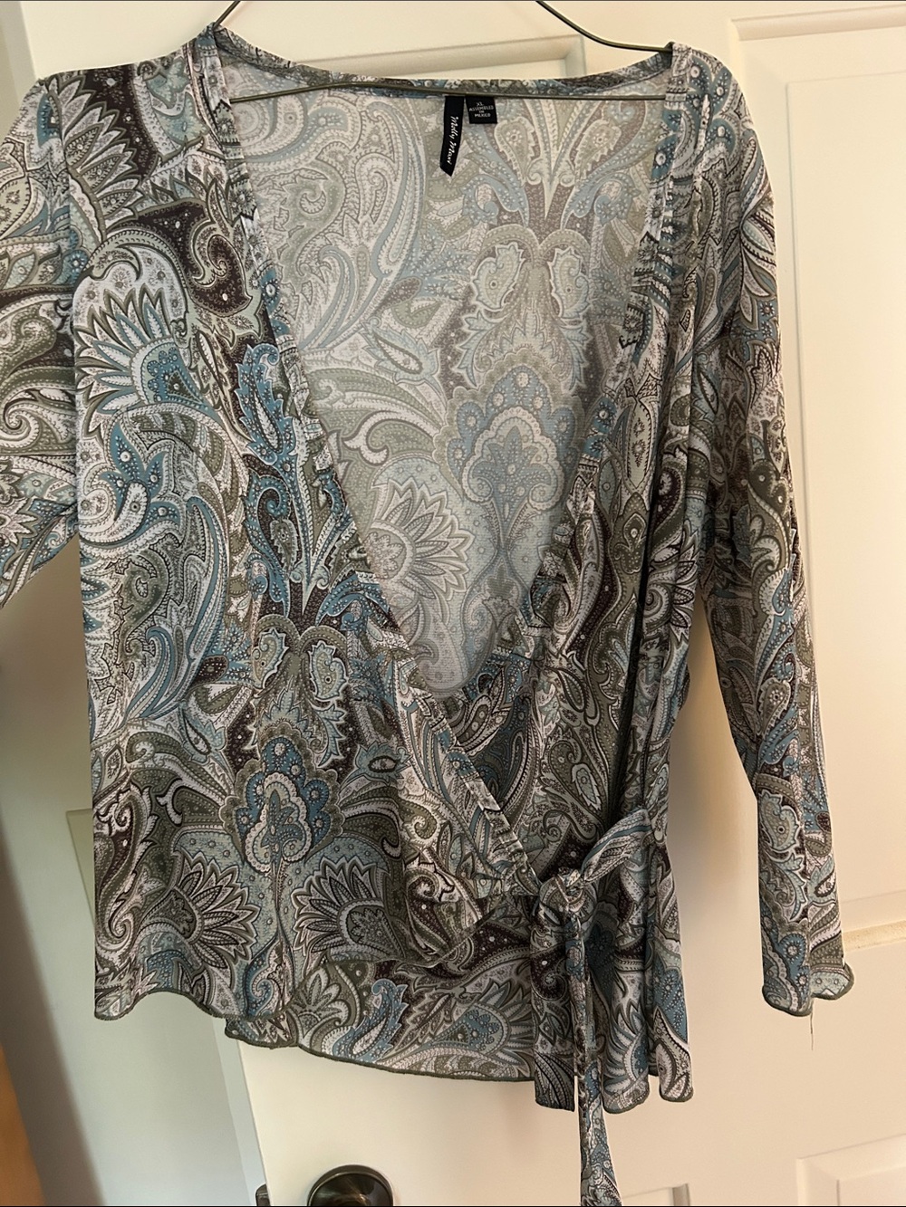 Nine West Teal and Gray Paisley Wrap Blouse